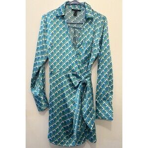 Forever 21 Geo Print Shirt Dress Tie Waist Blue Green Medium